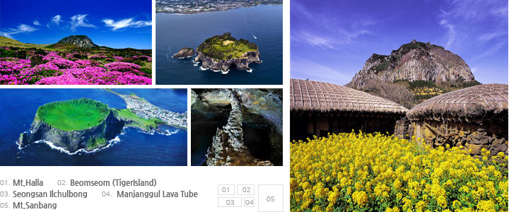 Mt.Halla, Beomseom (Tiger Islet), Seongsan Ilchulbong, Manjanggul Lava Tube, Mt.Sanbang .. etc. View Nature of Jeju